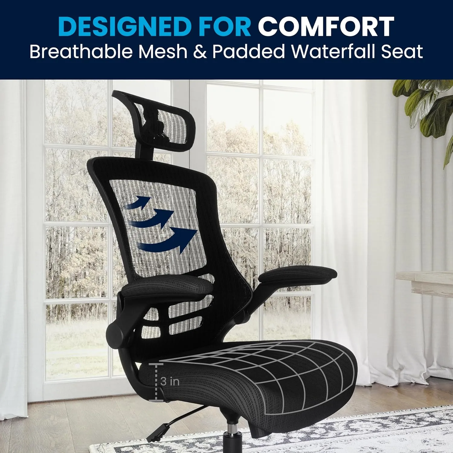 Flash Furniture Kelista High-Back Swivel Office Chair with Adjustable Lumbar Support and Seat Height, Ergonomic Mesh Desk Chair, Black