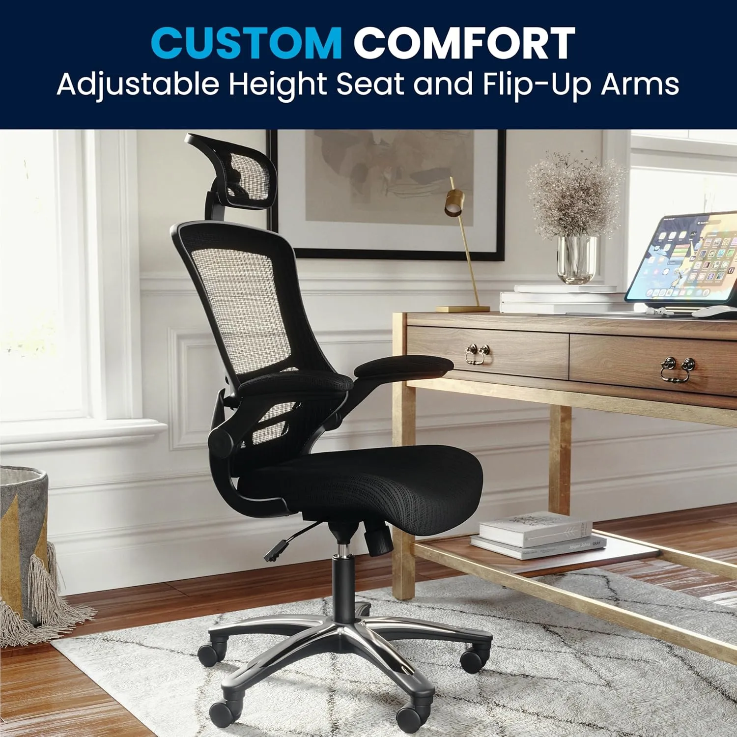 Flash Furniture Kelista High-Back Swivel Office Chair with Adjustable Lumbar Support and Seat Height, Ergonomic Mesh Desk Chair, Black
