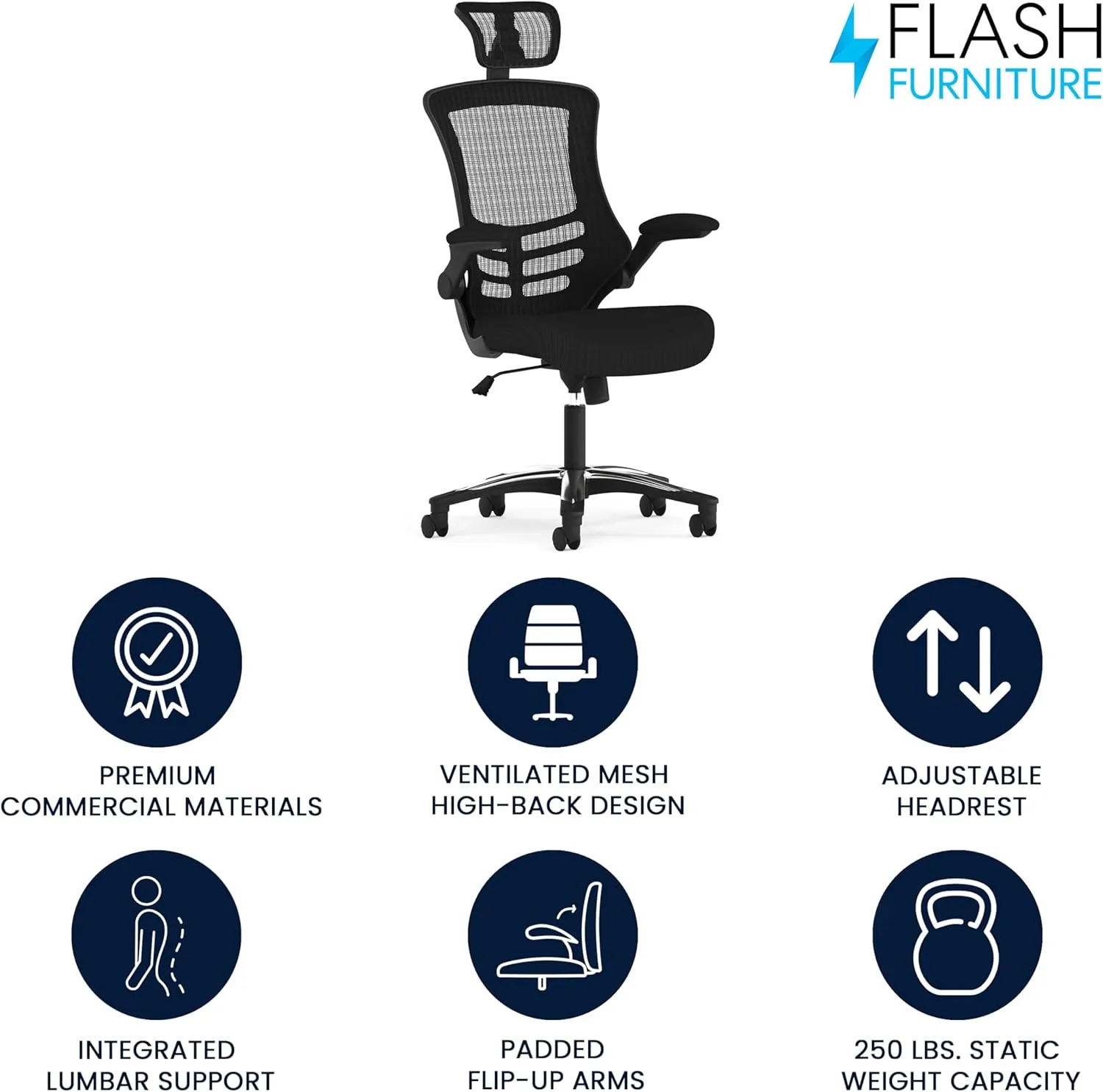Flash Furniture Kelista High-Back Swivel Office Chair with Adjustable Lumbar Support and Seat Height, Ergonomic Mesh Desk Chair, Black