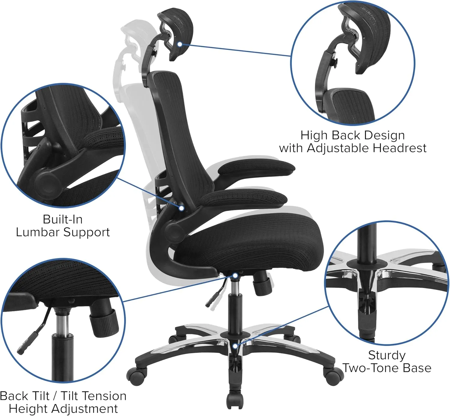 Flash Furniture Kelista High-Back Swivel Office Chair with Adjustable Lumbar Support and Seat Height, Ergonomic Mesh Desk Chair, Black
