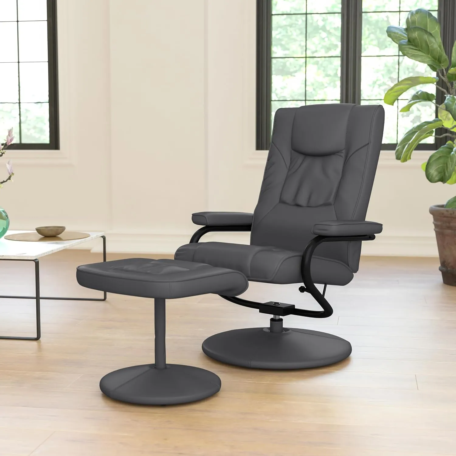 Flash Furniture Rachel Contemporary Multi-Position Recliner and Ottoman with Wrapped Base in Gray LeatherSoft