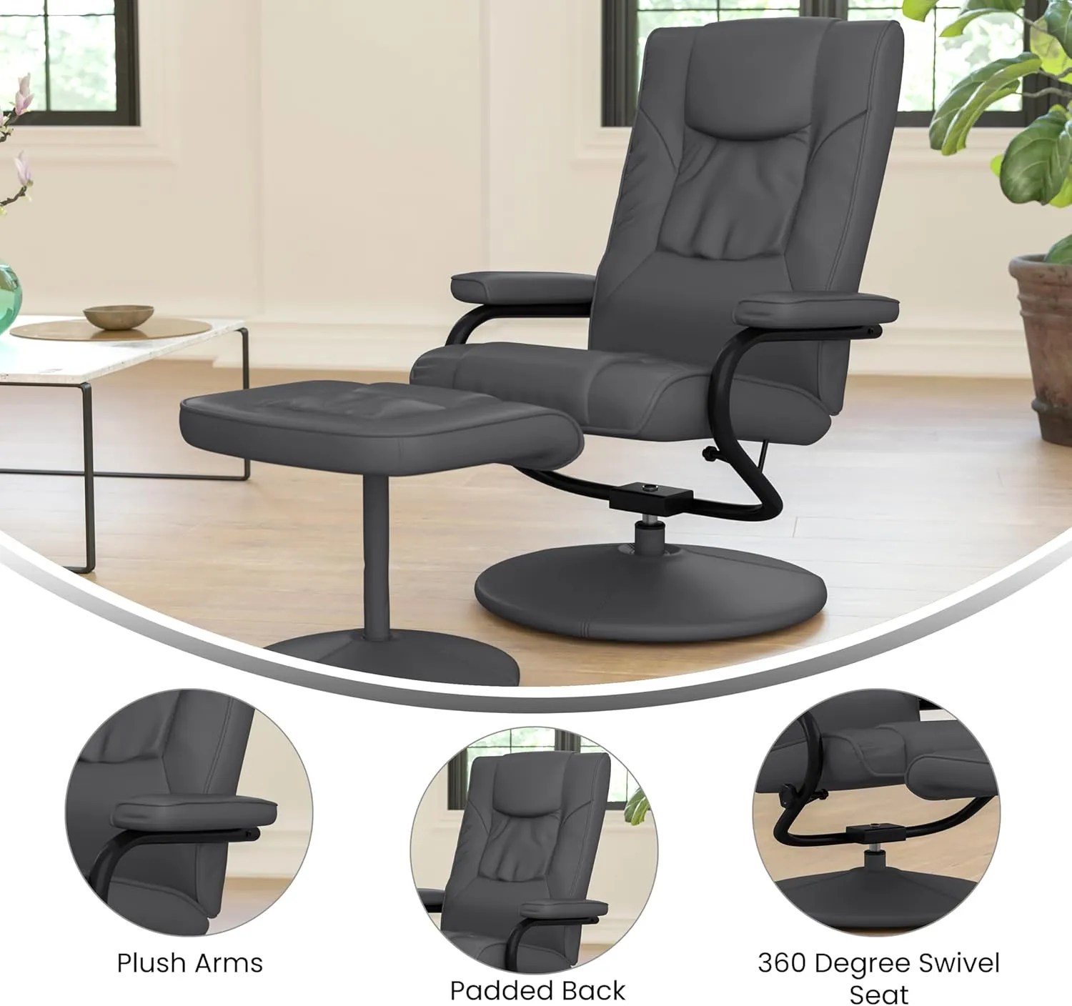 Flash Furniture Rachel Contemporary Multi-Position Recliner and Ottoman with Wrapped Base in Gray LeatherSoft