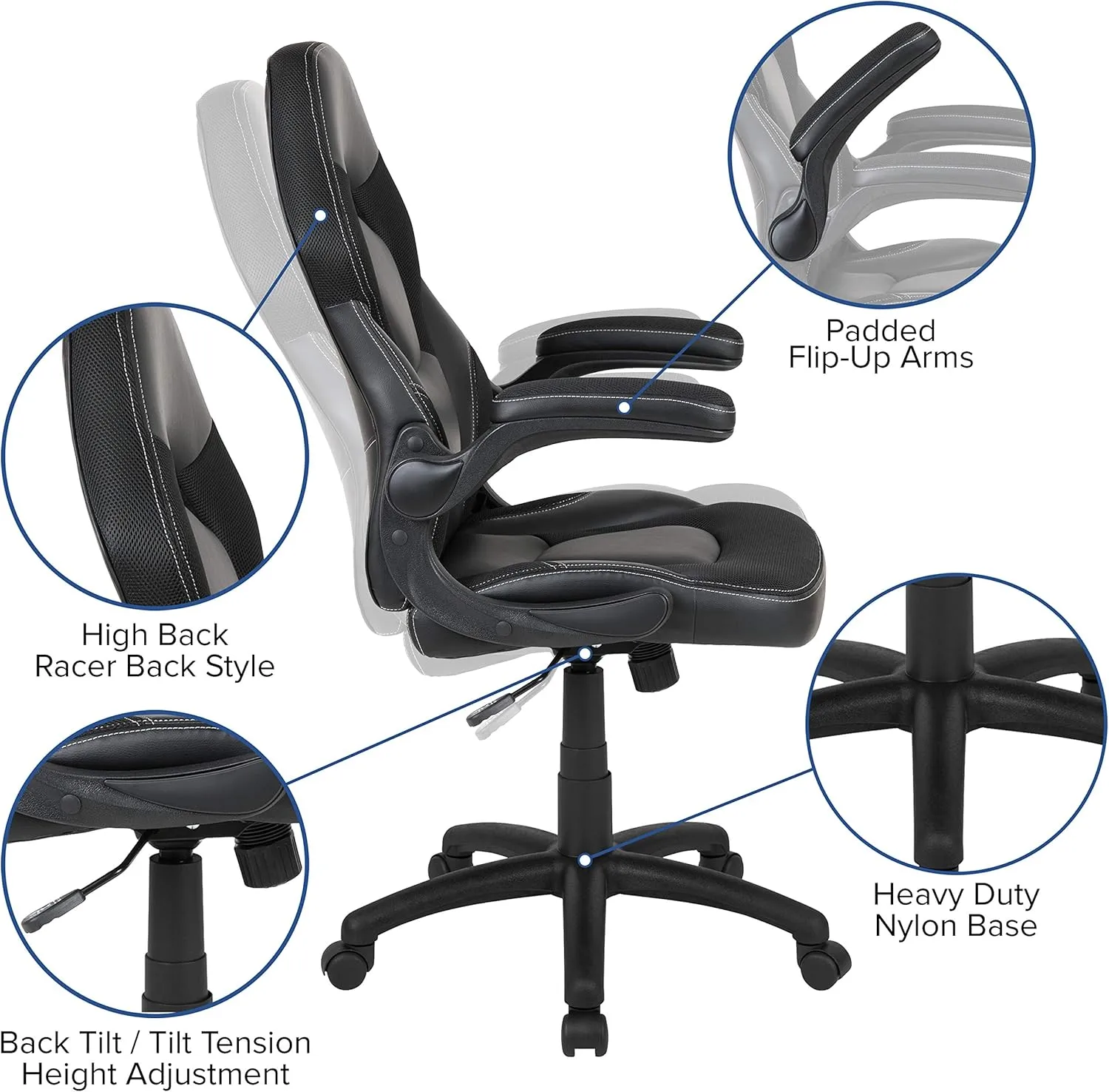Flash Furniture X10 High-Back LeatherSoft Racing Style Gaming Chair with Flip-Up Arms, Ergonomic Padded Swivel Computer Chair, Black