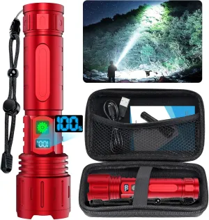 Flashlights High Lumens Rechargeable - 1500 Meters Long Beam Super Bright LED Flash Light with Power Display & IPX5 Waterproof for Camping, 20H Runtime,5 Modes,Zoomable Handheld Flashlight -Red