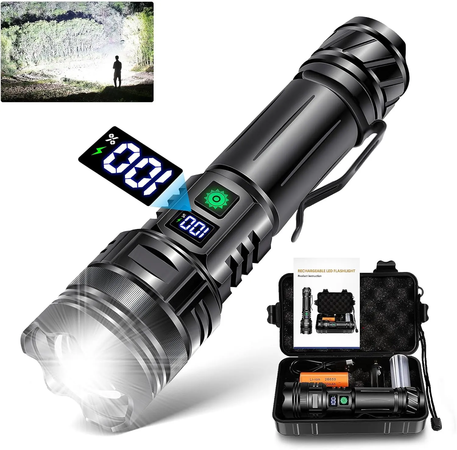 Flashlights Rechargeable High Lumens, 1500M Long Beam LED Handheld Flashlights, Super Bright Tactical Flashlight with Power Display & IPX6 Waterproof LED Flash Light for Camping Hiking