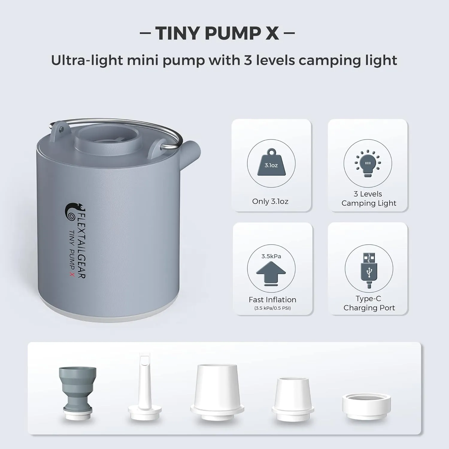 FLEXTAILGEAR Tiny Pump X Portable Air Pump  Camping Light Ultra-Mini Air Pump with 1300mAh Battery USB Rechargeable for Sleeping Pads Pool Floats Air Bed Air Mattress Swimming Ring