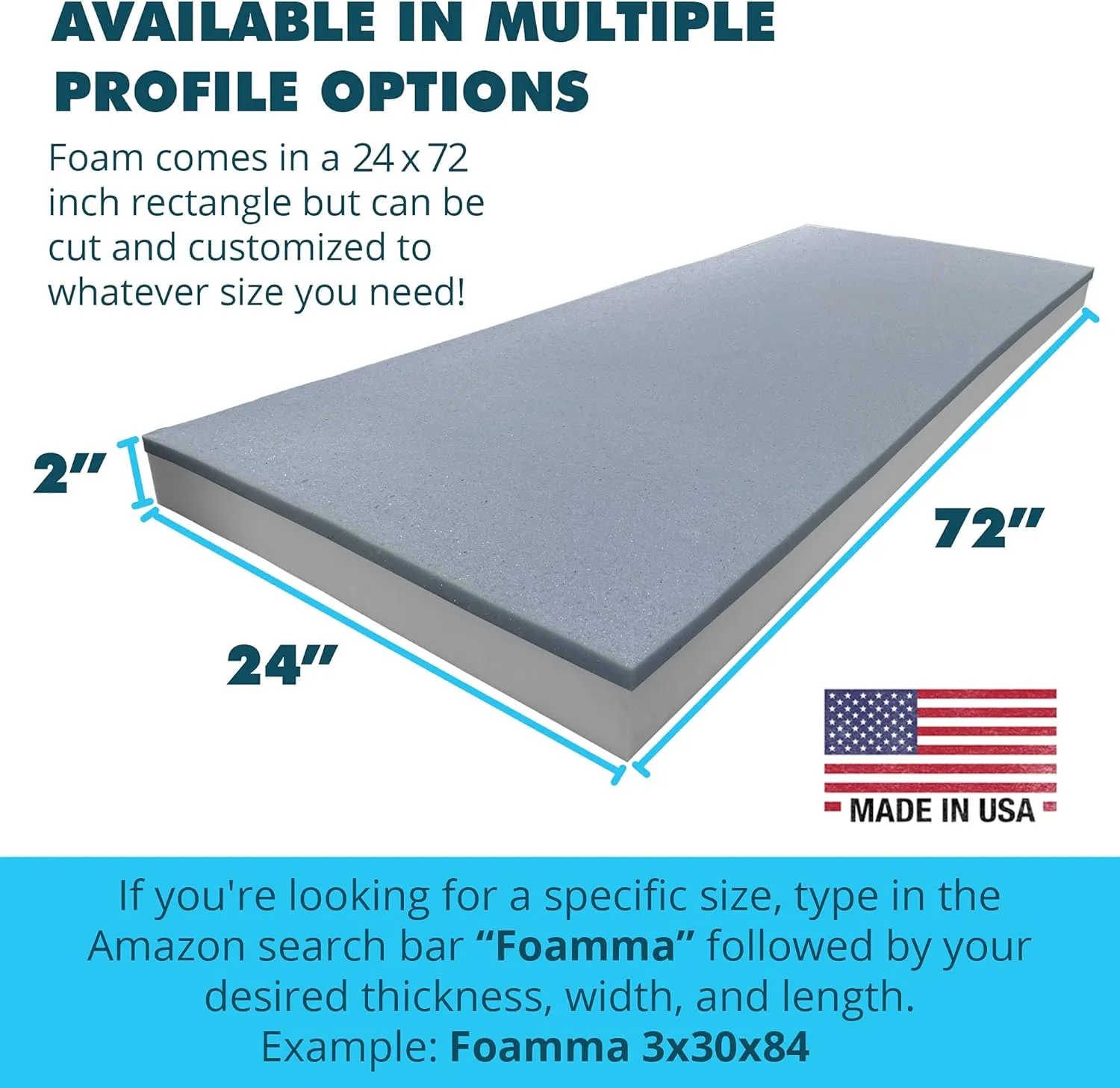 Foamma 2" x 24" x 72" High Density Gel Memory Foam Base, Cooling Pressure Relief, High Density Foam Cushion, Couch Filler Stuffing, Chair, and Upholstery Cushions