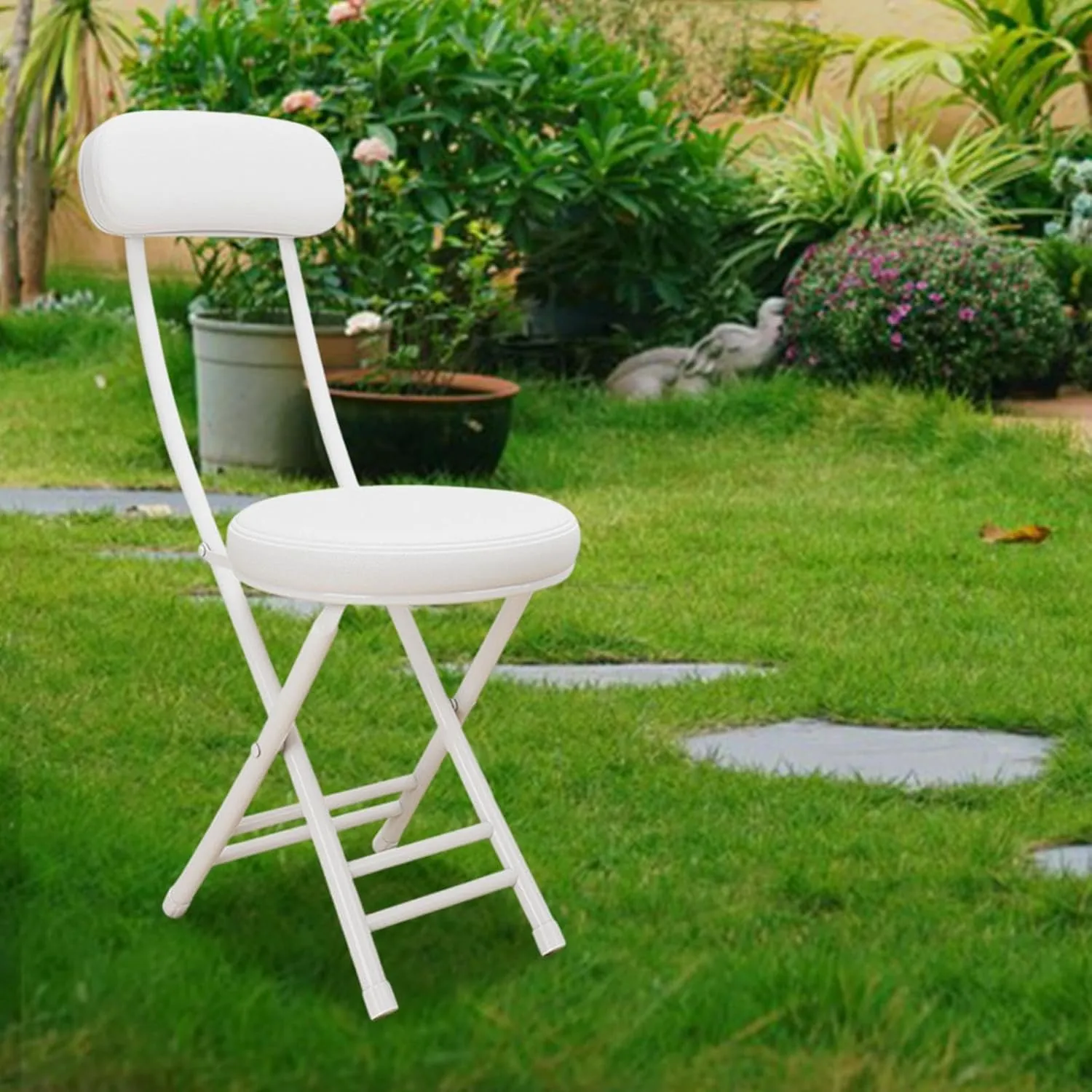 Foldable Camping Chair Padded Folding Stool Furniture Easy to Use with Backrest Seat for Fishing Garden Outdoor Shop Travel, White