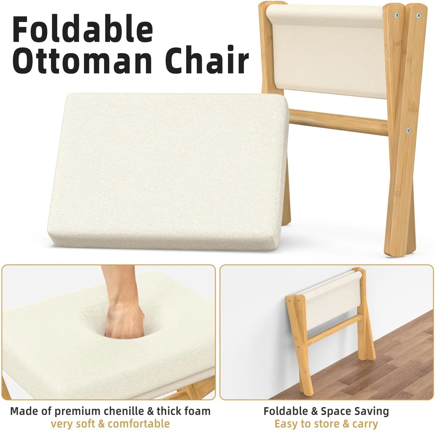 Foldable Foot Stool Ottoman, Modern Foot Rest with Bamboo X Legs & Thick Foam Cushion, Folding Foot Stools Small Padded for Bedroom Living Room, Makeup Vanity Stool Chair (Natural - Beige)