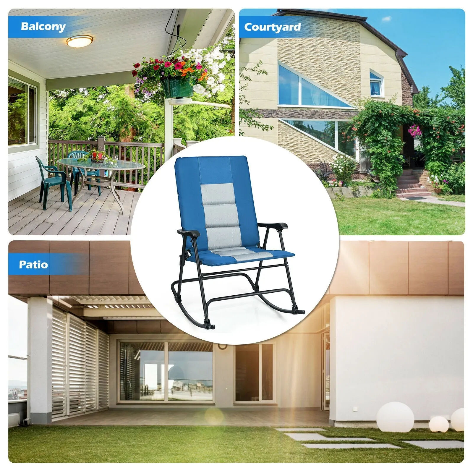 Foldable Rocking Padded Camping Chair with Backrest and Armrest