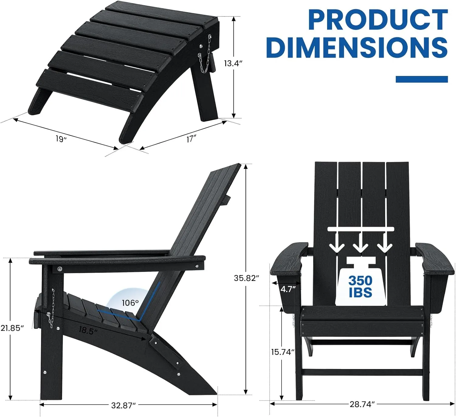Folding Adirondack Chair with Ottoman Weather Resistant Foldable Fire Pit Chairs with Footrest HDPE Outdoor Adirondack Chair for Patio Front Porch Pool Garden Deck Fire Pit Outside, Black