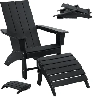 Folding Adirondack Chair with Ottoman Weather Resistant Foldable Fire Pit Chairs with Footrest HDPE Outdoor Adirondack Chair for Patio Front Porch Pool Garden Deck Fire Pit Outside, Black