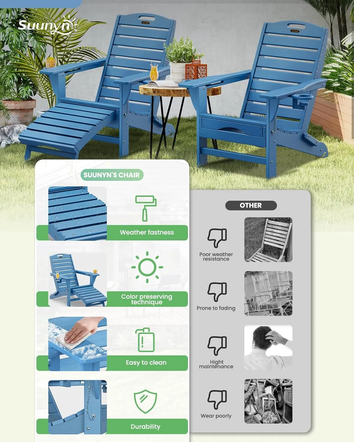 Folding Adirondack Chair with Retractable Ottoman Weather Resistant Fire Pit Chair Patio Chair with 2 Cup Holder Lawn Outdoor Lounge Chair (Navy Blue)