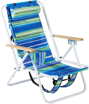 Folding Beach Chair, 4 Position Reclining Backpack Camping Chairs with Headrest Cup Holder Wooden Armrests Heavy Duty Portable Lounge Chairs for Beach Backyard Travel (1, Blue & Green)