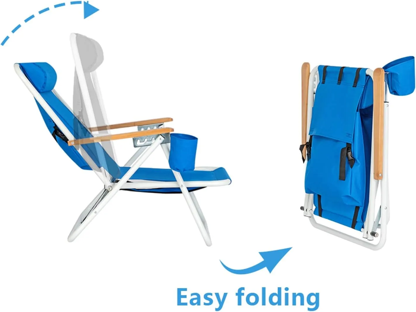 Folding Beach Chair for Adult,Outdoor Folding Lawn and Camping Chair Portable Frame Collapsible Lawn Outdoor Chair Beach Chair for Beach Patio Garden Poolside Picnic (with Cup Holder & Pillow, Blue)