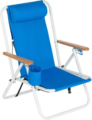Folding Beach Chair for Adult,Outdoor Folding Lawn and Camping Chair Portable Frame Collapsible Lawn Outdoor Chair Beach Chair for Beach Patio Garden Poolside Picnic (with Cup Holder & Pillow, Blue)