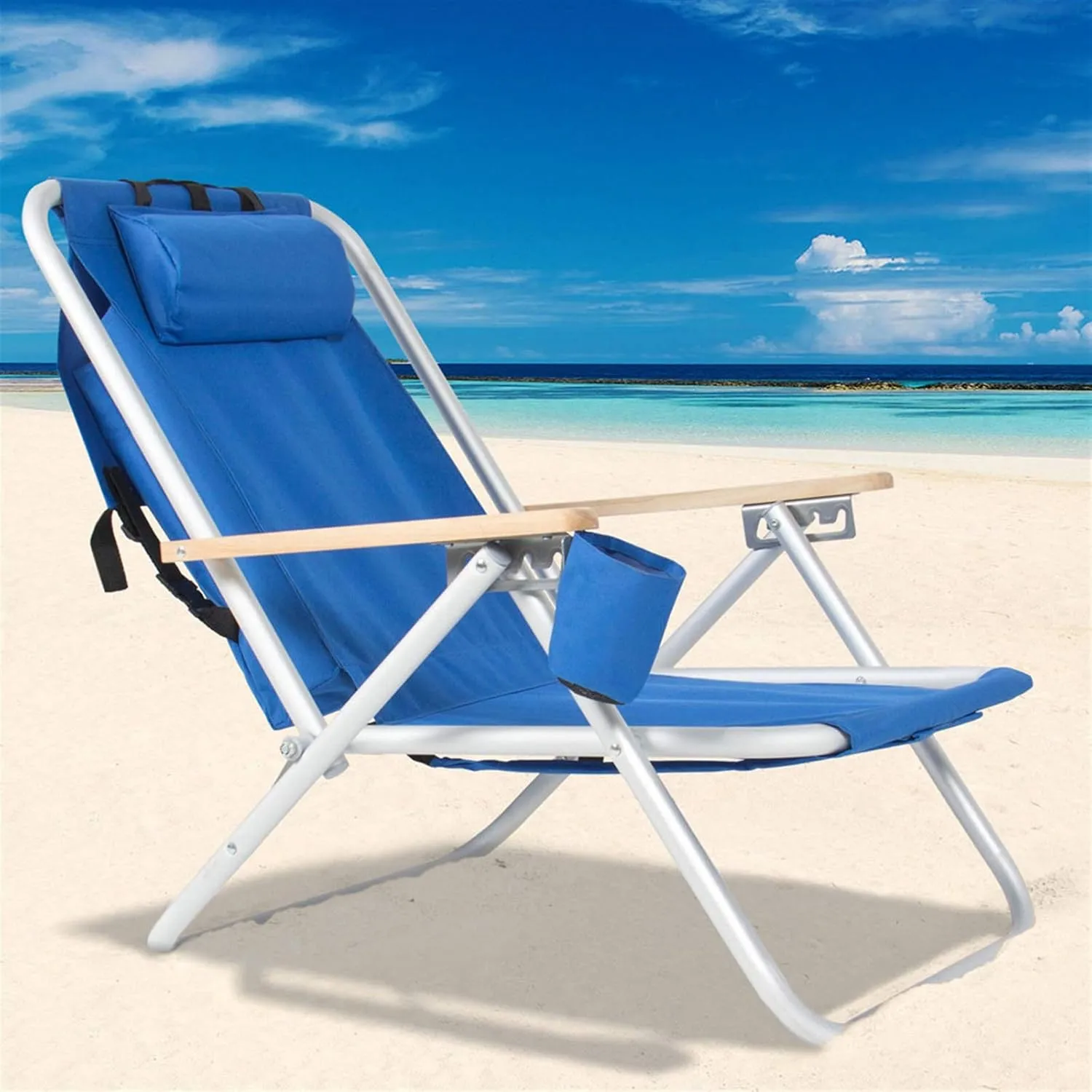 Folding Beach Chair for Adult,Outdoor Folding Lawn and Camping Chair Portable Frame Collapsible Lawn Outdoor Chair Beach Chair for Beach Patio Garden Poolside Picnic (with Cup Holder & Pillow, Blue)