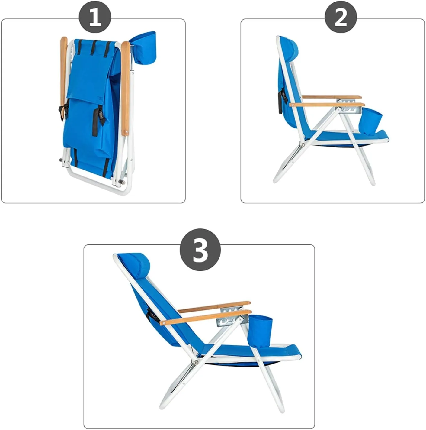 Folding Beach Chair for Adult,Outdoor Folding Lawn and Camping Chair Portable Frame Collapsible Lawn Outdoor Chair Beach Chair for Beach Patio Garden Poolside Picnic (with Cup Holder & Pillow, Blue)