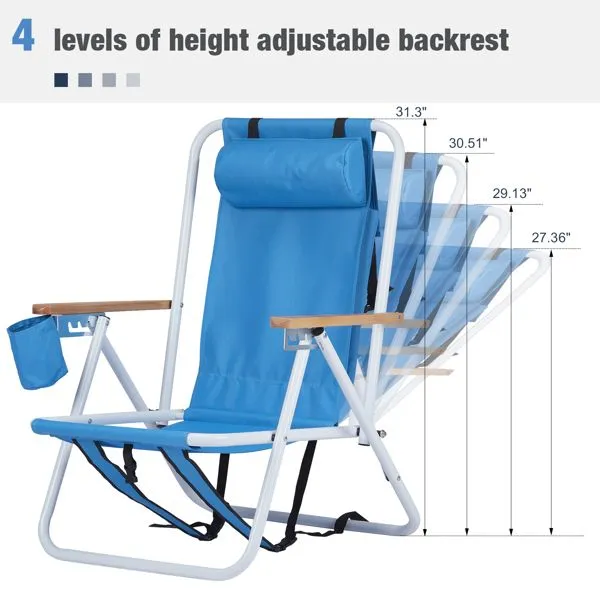 Folding Beach Chair Set of 2 for Adults, 4 Position Portable Backpack Foldable Camping Chair with Headrest Cup Holder and Wooden Armrests, Blue