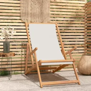 Folding Beach Chair Solid Teak Wood Cream Outdoor Lounge Chair Adjustable Backrest for Patio Poolside Tanning and Camping