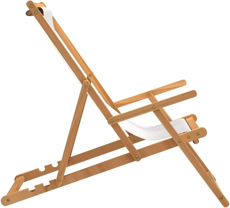 Folding Beach Chair Solid Teak Wood Cream Outdoor Lounge Chair Adjustable Backrest for Patio Poolside Tanning and Camping