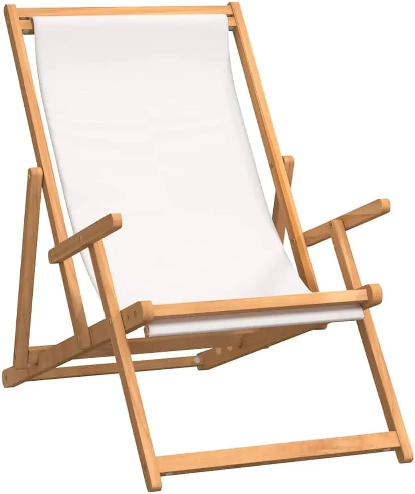 Folding Beach Chair Solid Teak Wood Cream Outdoor Lounge Chair Adjustable Backrest for Patio Poolside Tanning and Camping