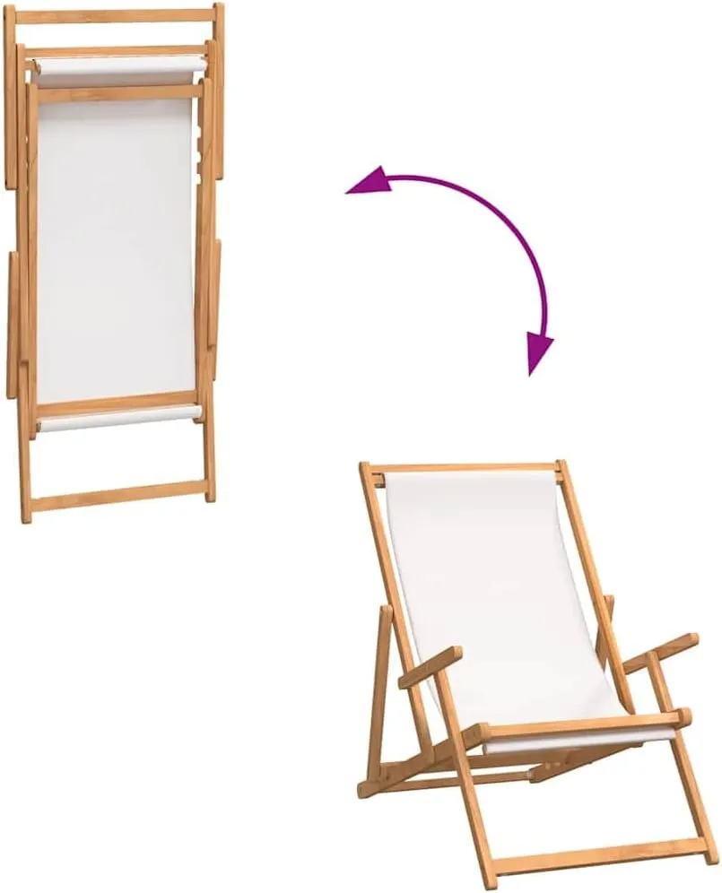 Folding Beach Chair Solid Teak Wood Cream Outdoor Lounge Chair Adjustable Backrest for Patio Poolside Tanning and Camping