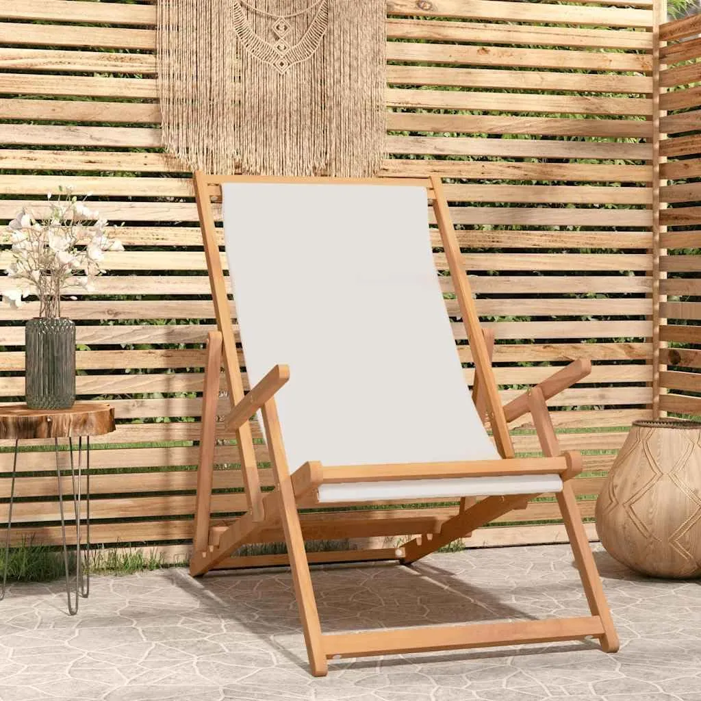 Folding Beach Chair Solid Teak Wood Cream Outdoor Lounge Chair Adjustable Backrest for Patio Poolside Tanning and Camping