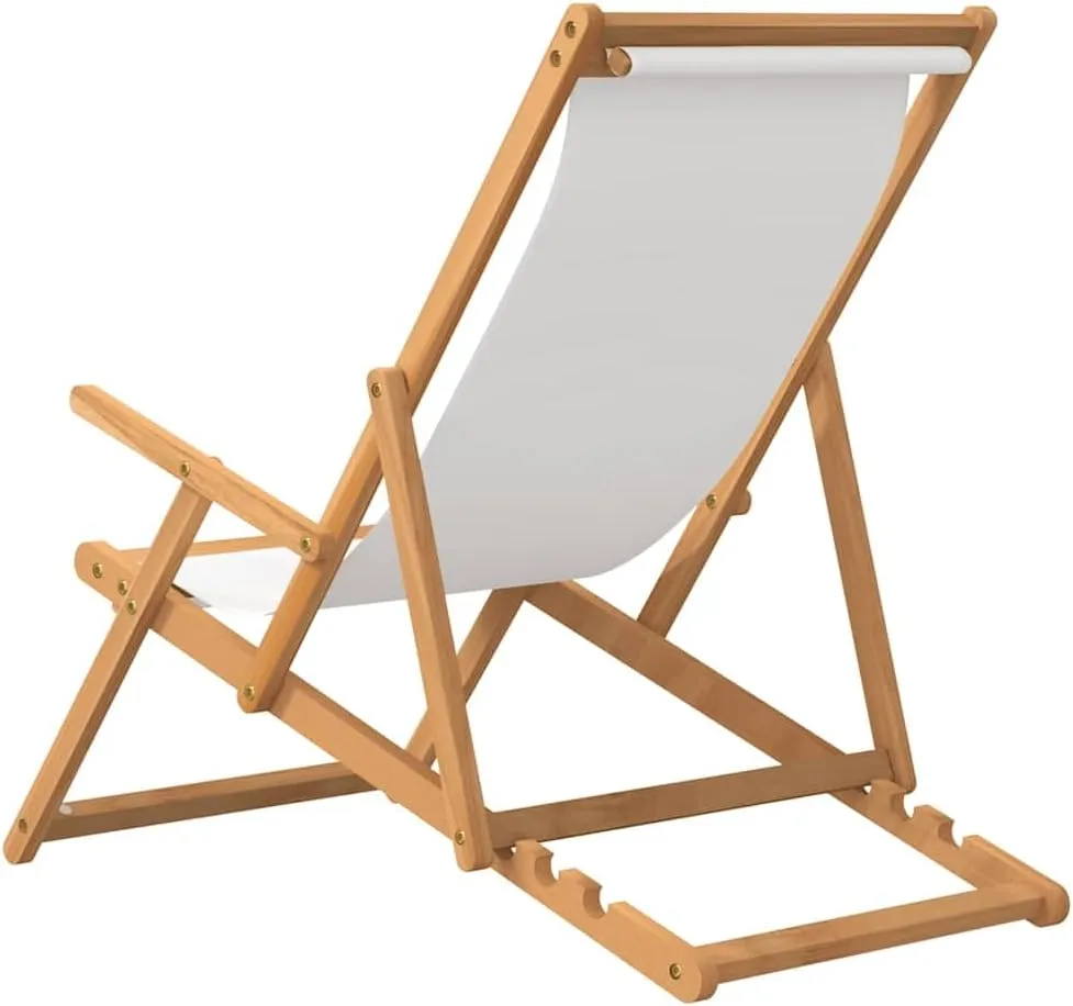 Folding Beach Chair Solid Teak Wood Cream Outdoor Lounge Chair Adjustable Backrest for Patio Poolside Tanning and Camping