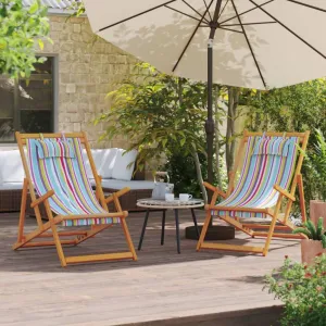 Folding Beach Chairs 2 pcs Multicolor Fabric,Reclining Eucalyptus Wood Beach Chair Durable Folding Chair for Camping and Patio Patio Furniture & Accessories