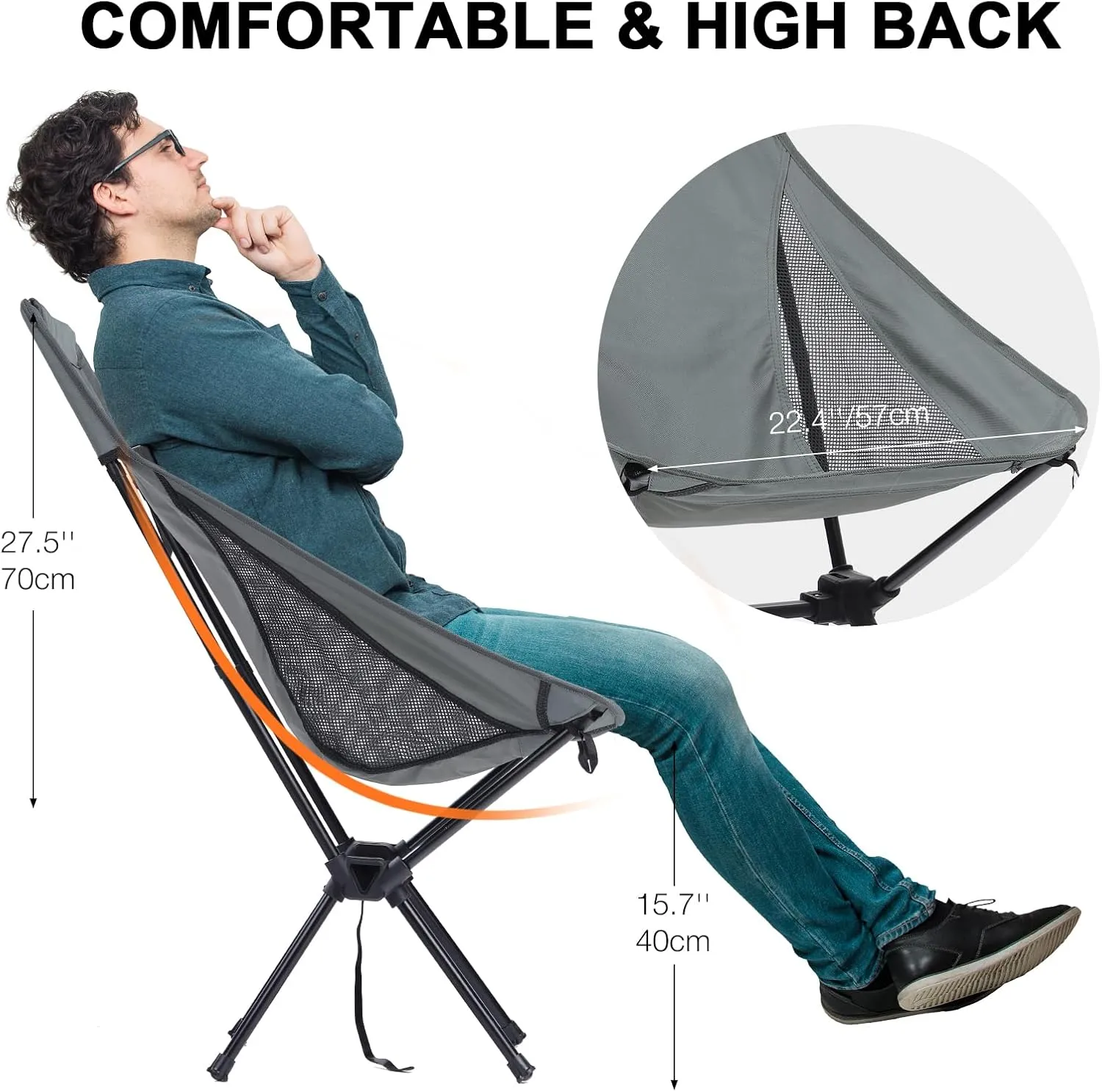 Folding Camping Chairs Men Women, High Back Beach Camping Chairs for Adults, Lightweight Backpacking Travel Chair for Hiking Outside Picnic, Gray