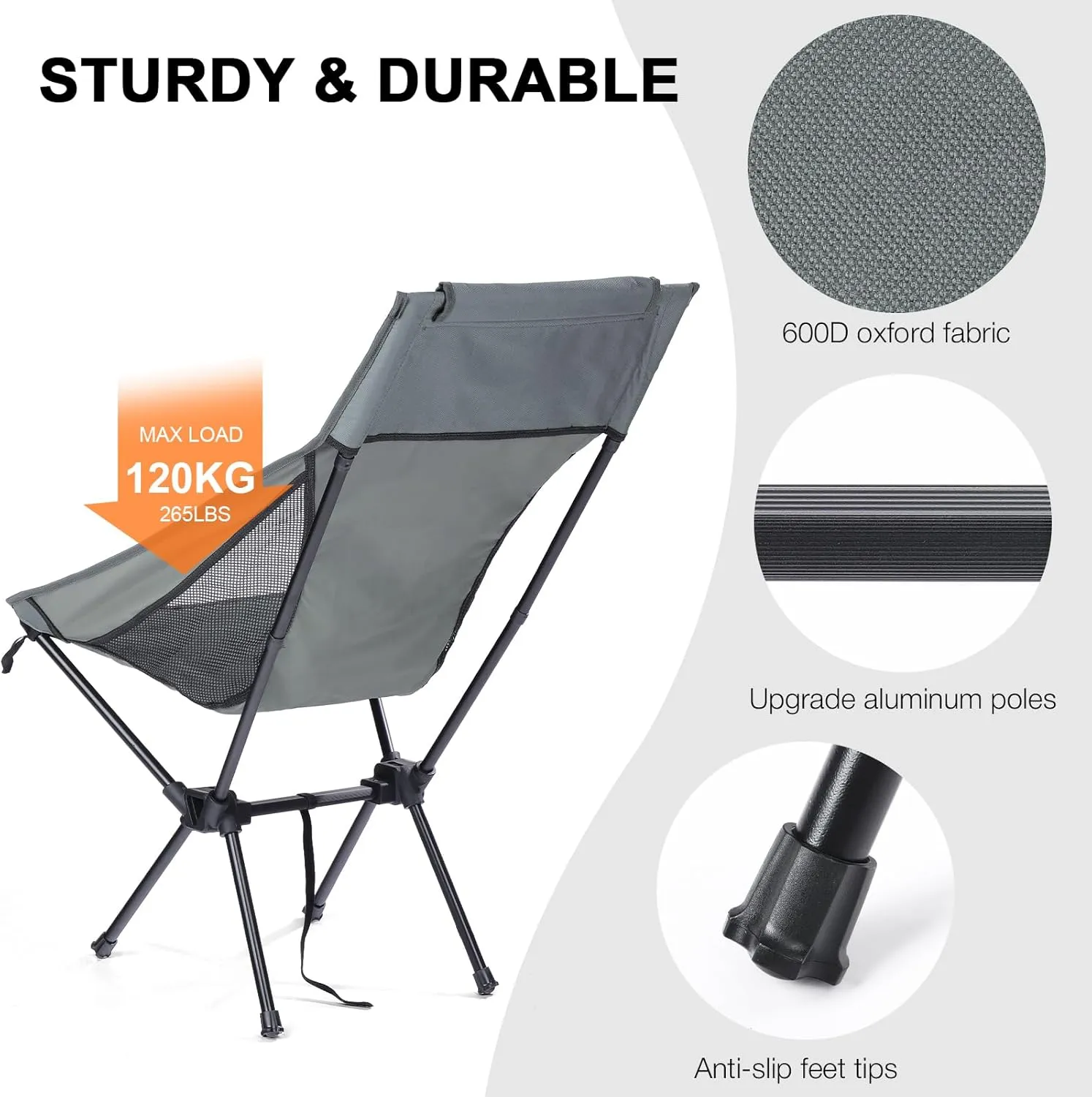 Folding Camping Chairs Men Women, High Back Beach Camping Chairs for Adults, Lightweight Backpacking Travel Chair for Hiking Outside Picnic, Gray