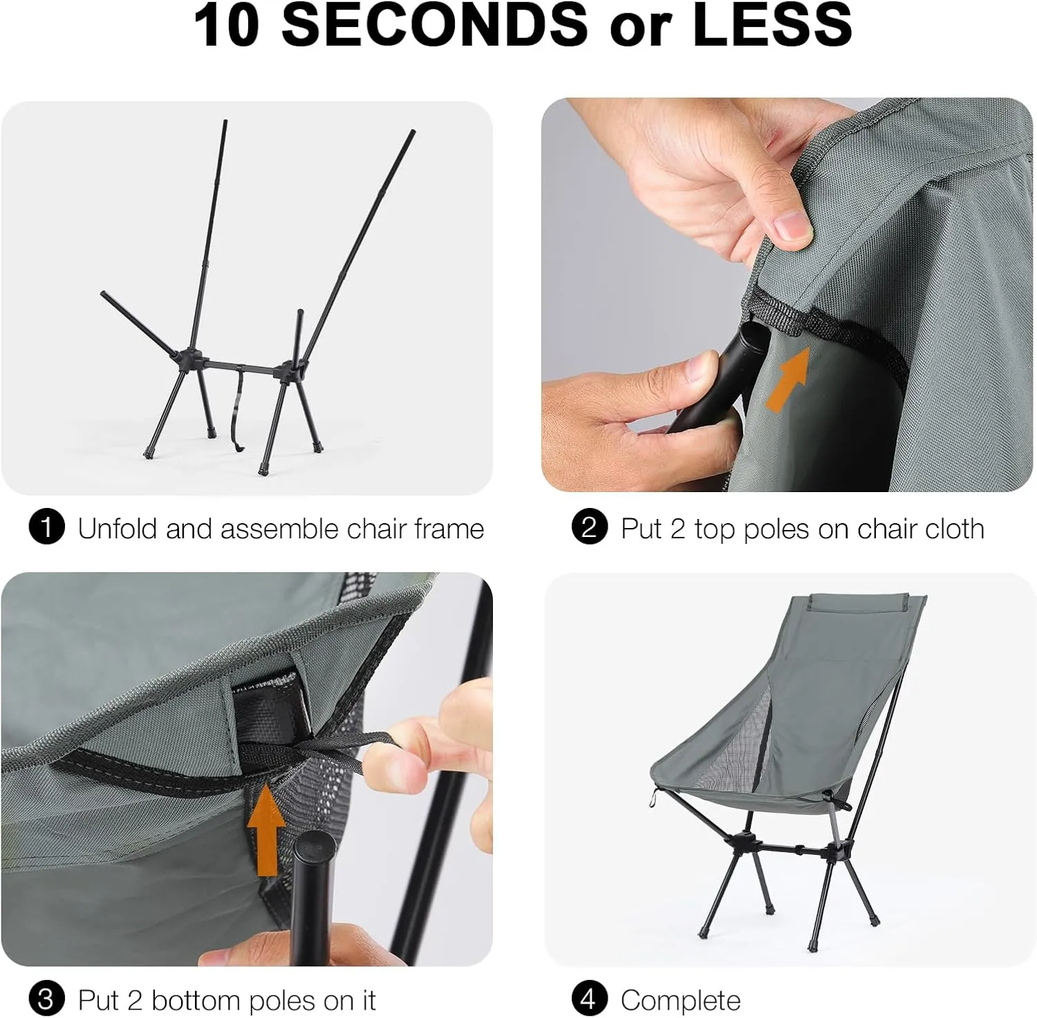 Folding Camping Chairs Men Women, High Back Beach Camping Chairs for Adults, Lightweight Backpacking Travel Chair for Hiking Outside Picnic, Gray