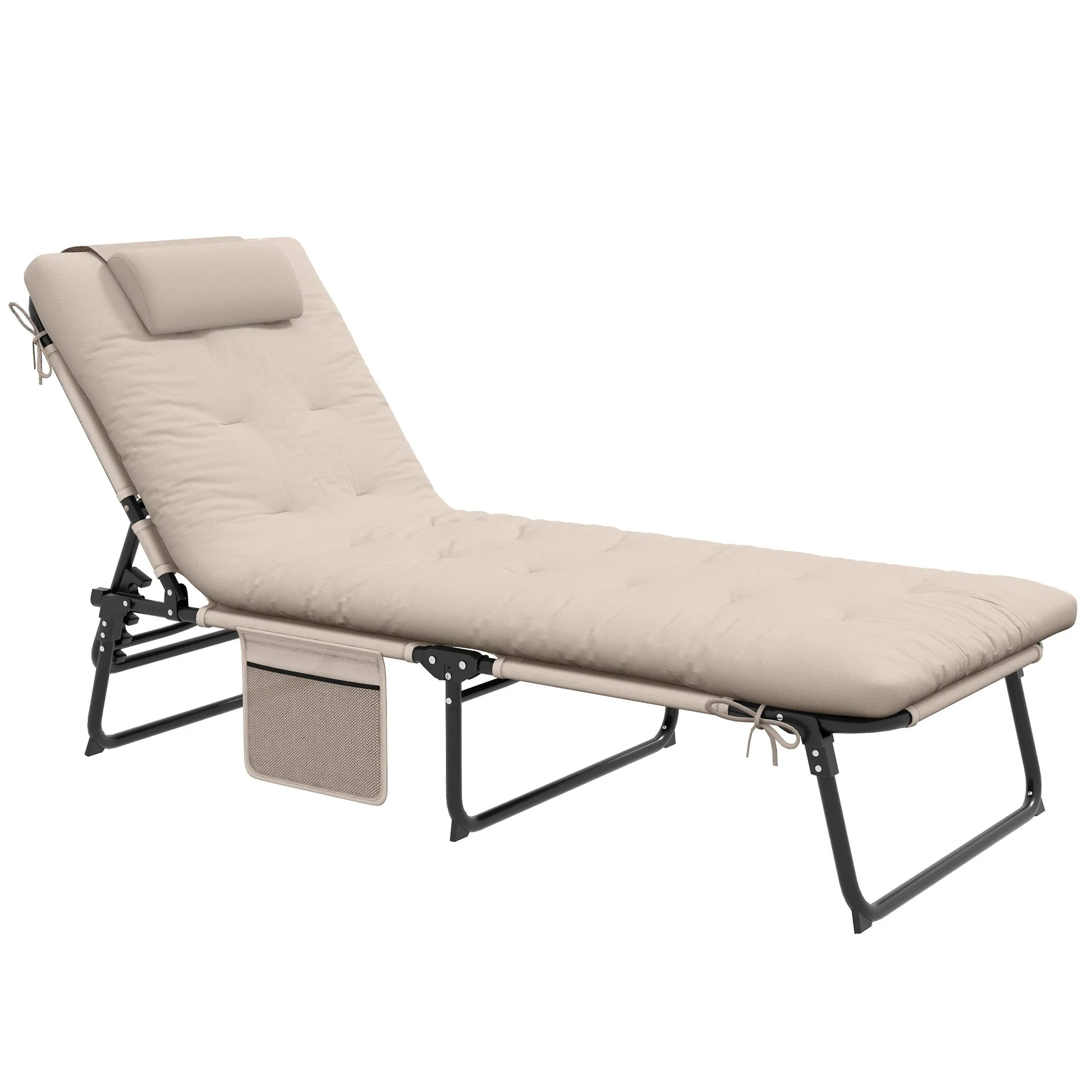 Folding Chaise Lounge Pool Chair, 4-level Reclining Back, Cushion, Side Pocket, Headrest, Beige