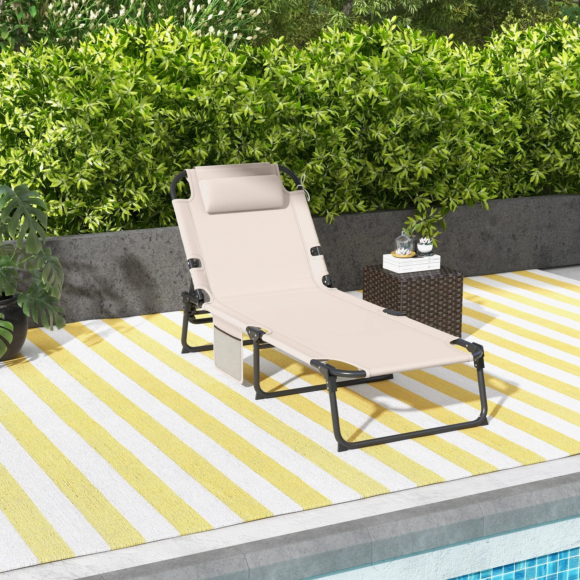 Folding Chaise Lounge Pool Chair, 4-level Reclining Back, Cushion, Side Pocket, Headrest, Beige