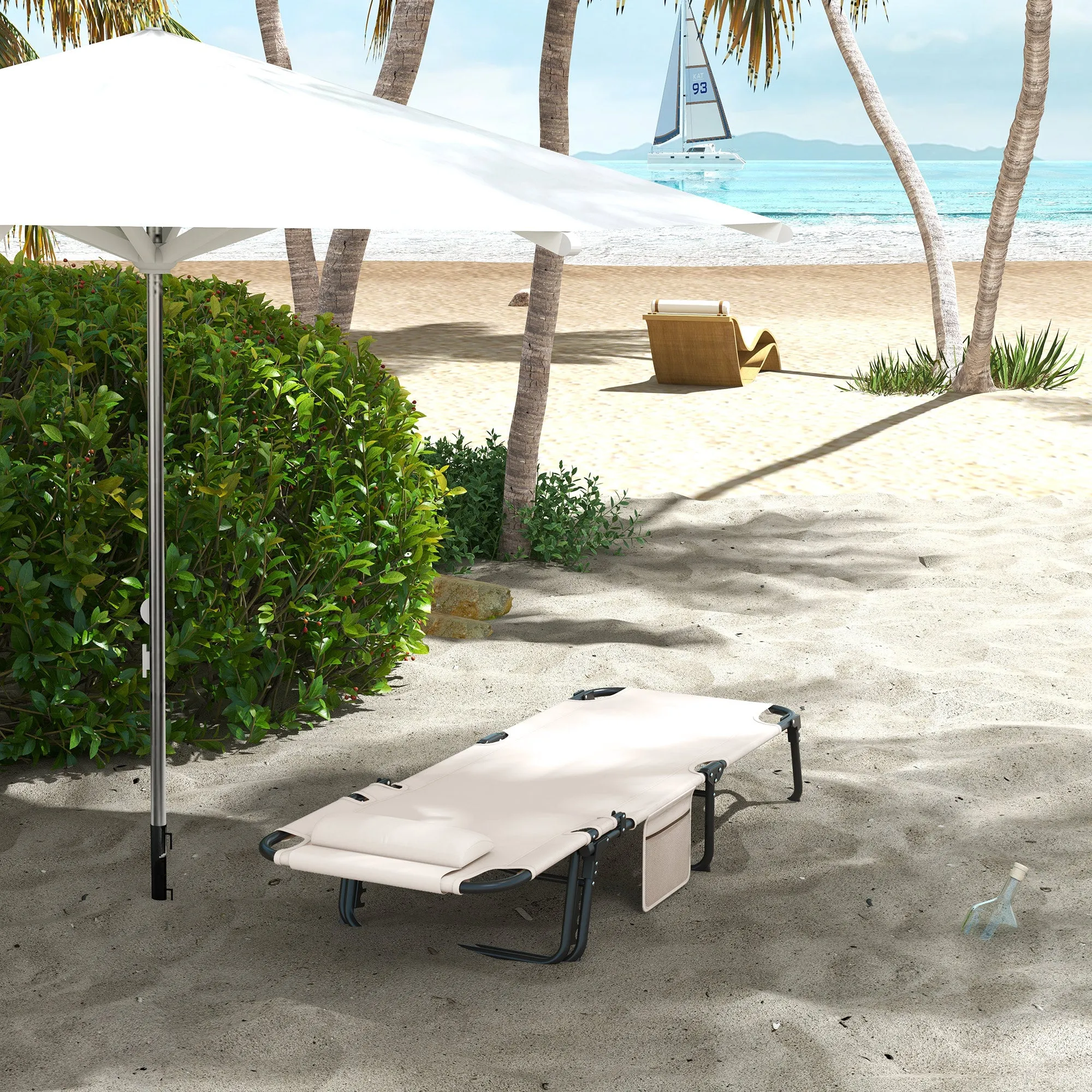 Folding Chaise Lounge Pool Chair, 4-level Reclining Back, Cushion, Side Pocket, Headrest, Beige