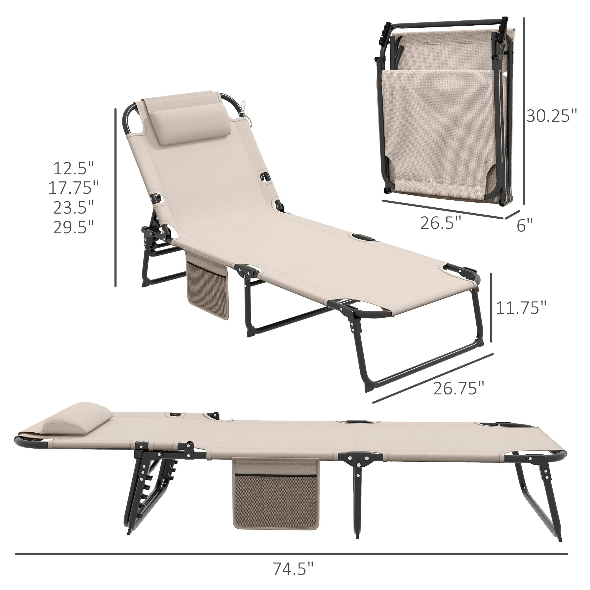 Folding Chaise Lounge Pool Chair, 4-level Reclining Back, Cushion, Side Pocket, Headrest, Beige
