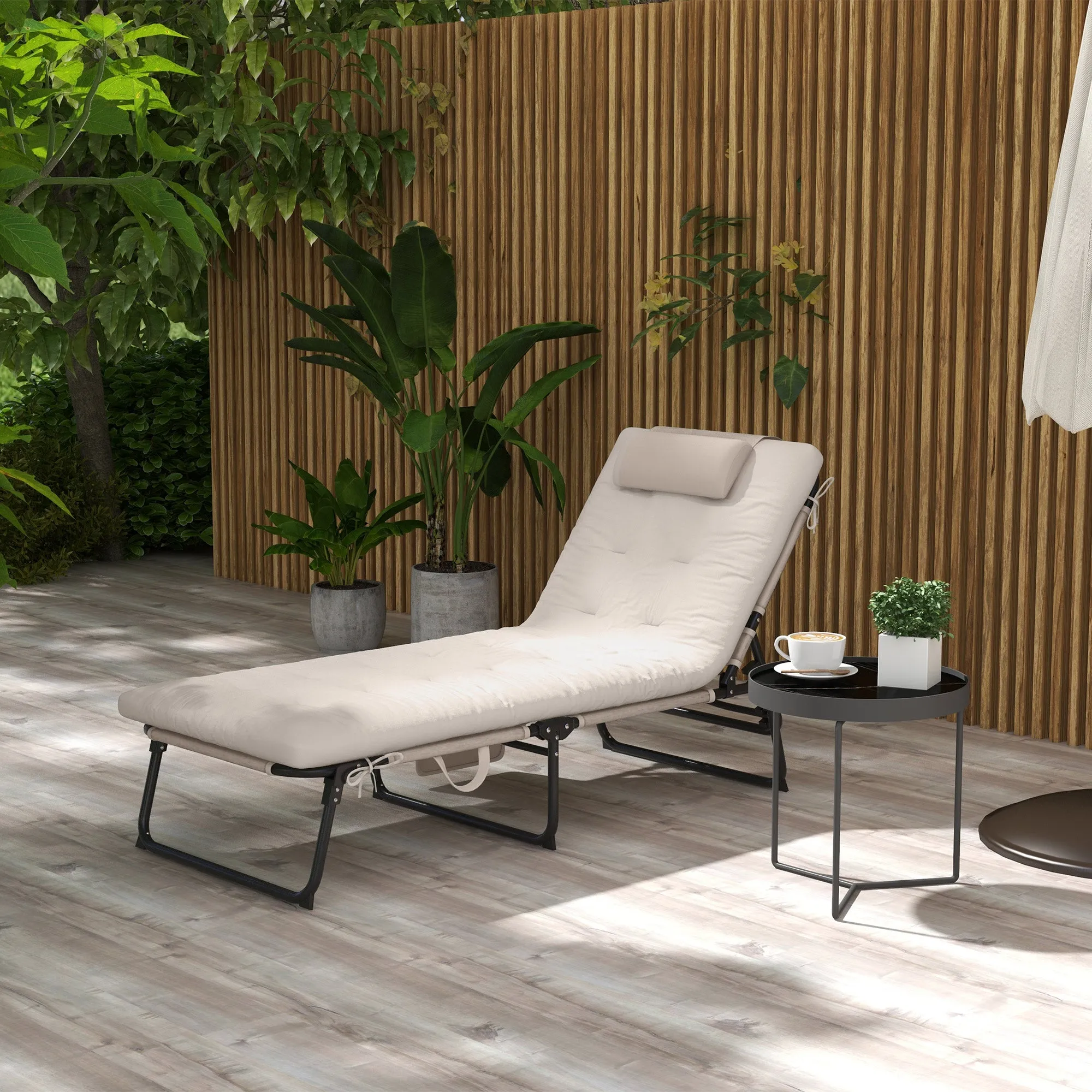 Folding Chaise Lounge Pool Chair, 4-level Reclining Back, Cushion, Side Pocket, Headrest, Beige