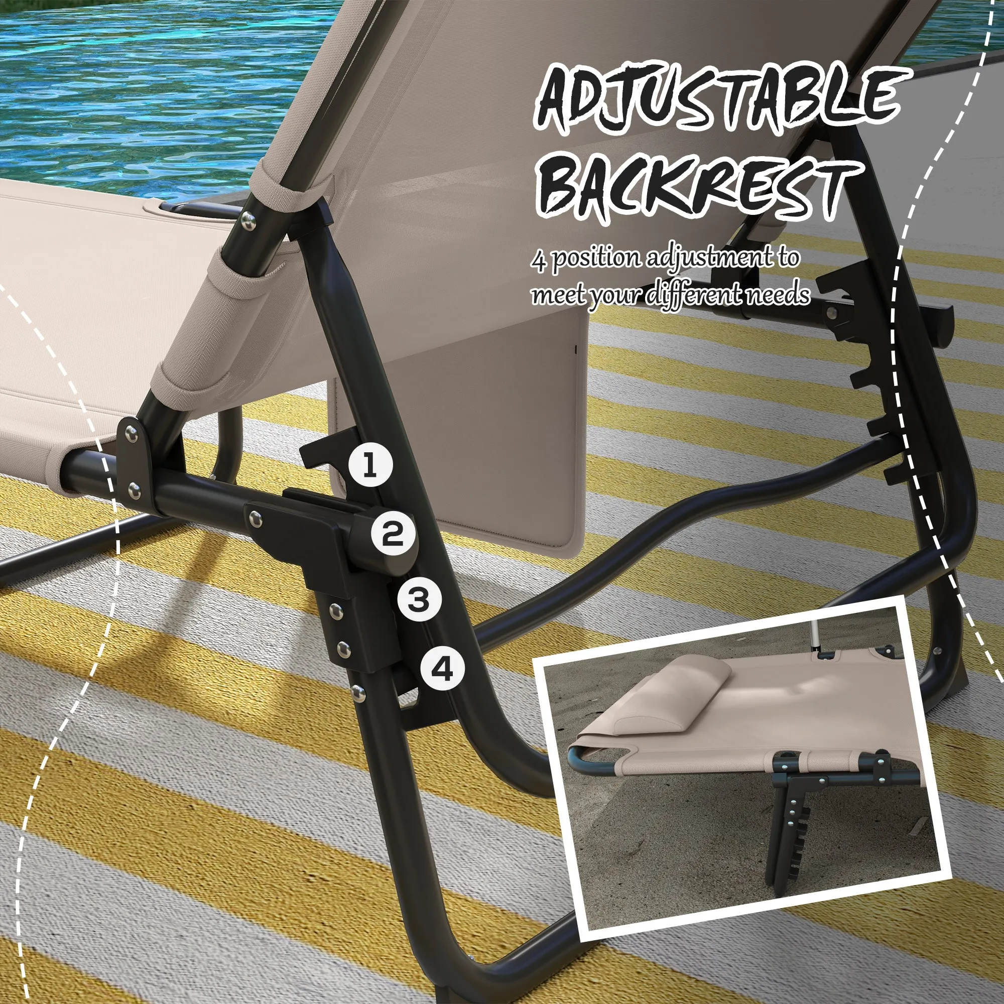 Folding Chaise Lounge Pool Chair, 4-level Reclining Back, Cushion, Side Pocket, Headrest, Beige