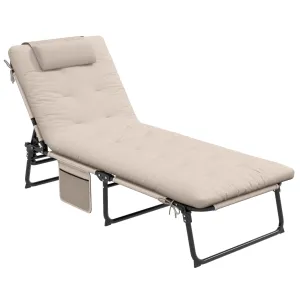 Folding Chaise Lounge Pool Chair, 4-level Reclining Back, Cushion, Side Pocket, Headrest, Beige