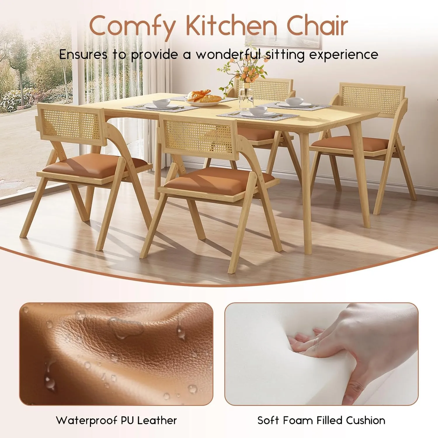 Folding Dining Chairs Set of 2, Wooden Foldable Dining Chairs, Modern Mid Century Leather Rattan Dining Room Chairs with Padded Cushion for Kitchen, Living Room, Small Space, Brown
