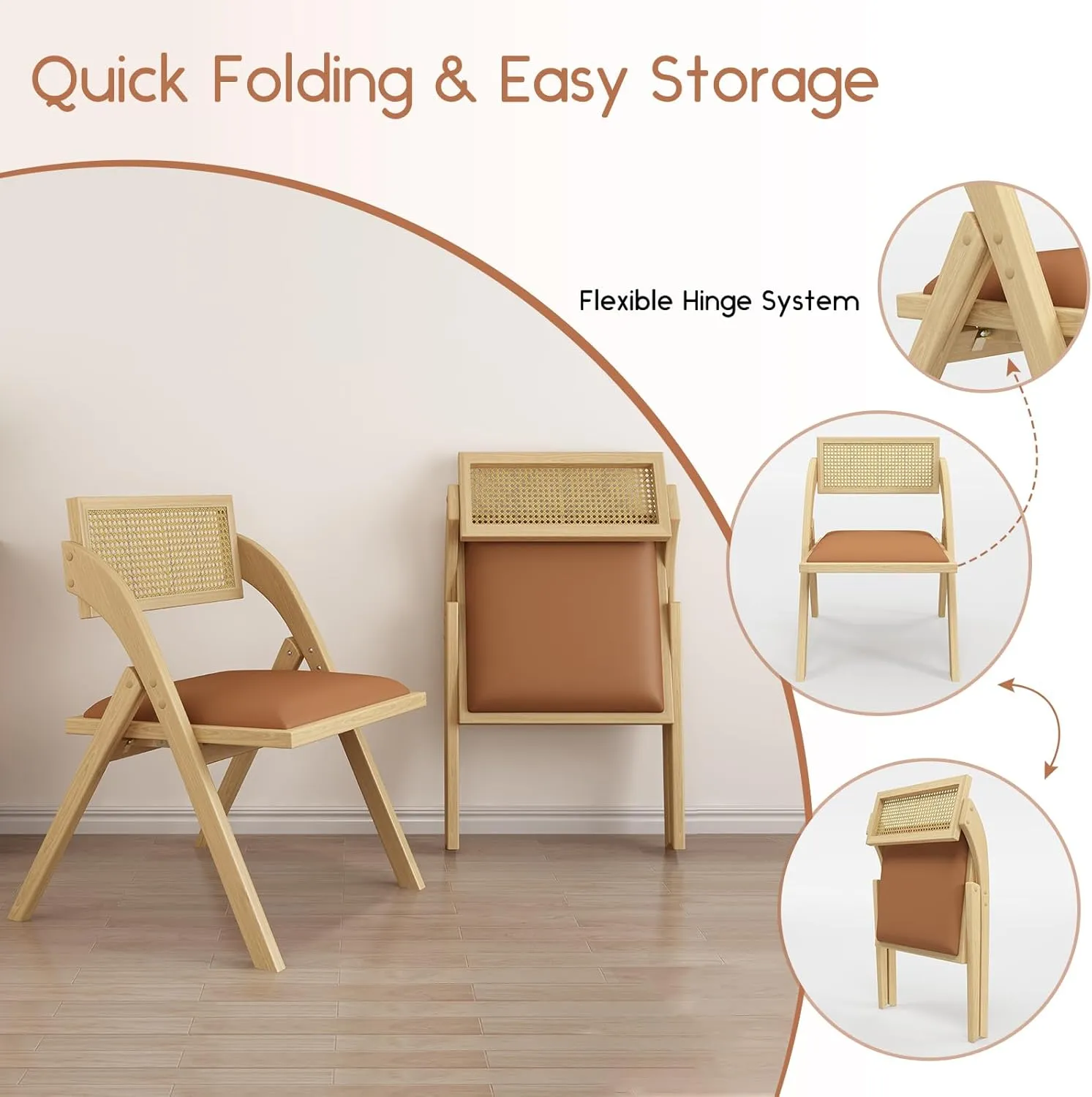Folding Dining Chairs Set of 2, Wooden Foldable Dining Chairs, Modern Mid Century Leather Rattan Dining Room Chairs with Padded Cushion for Kitchen, Living Room, Small Space, Brown