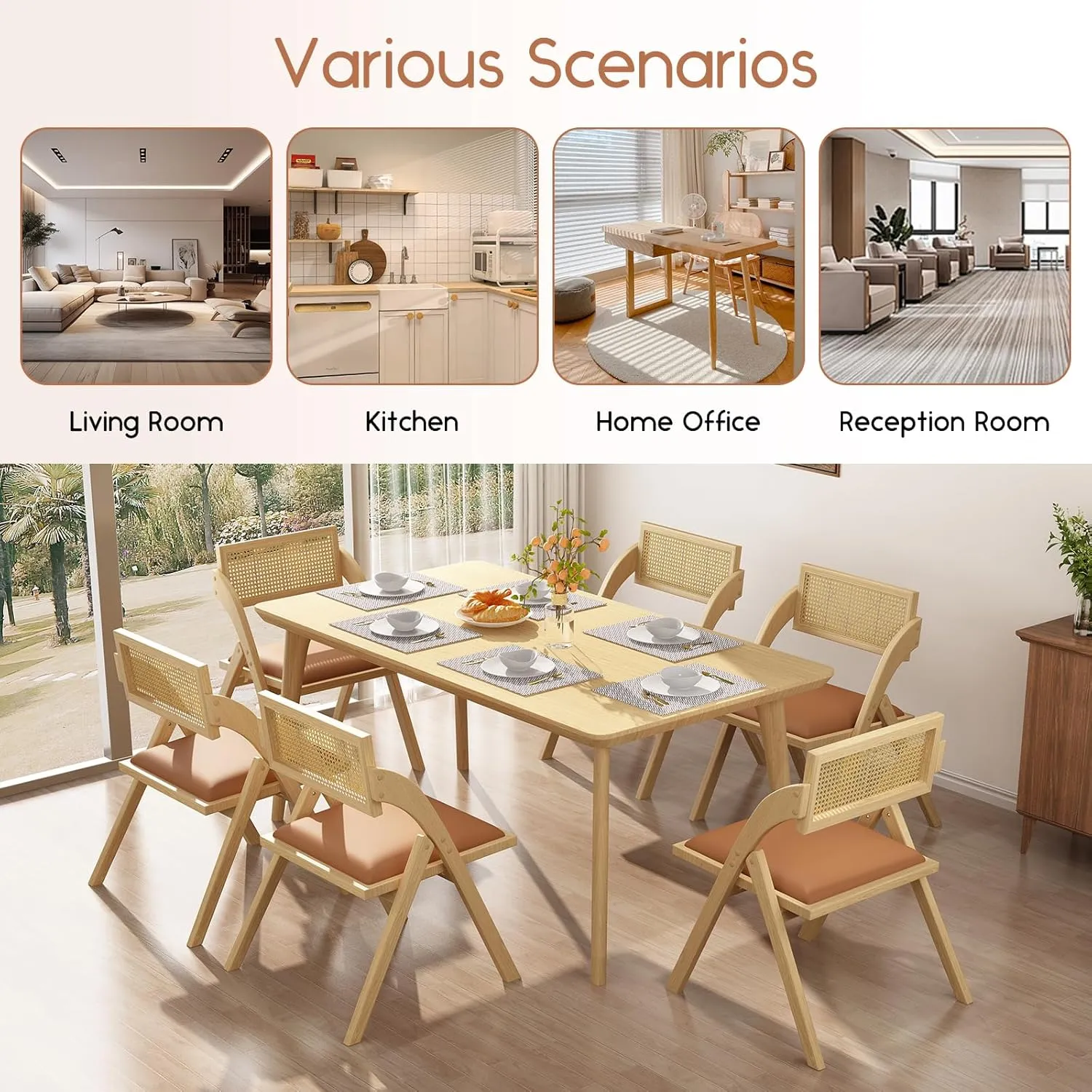 Folding Dining Chairs Set of 2, Wooden Foldable Dining Chairs, Modern Mid Century Leather Rattan Dining Room Chairs with Padded Cushion for Kitchen, Living Room, Small Space, Brown