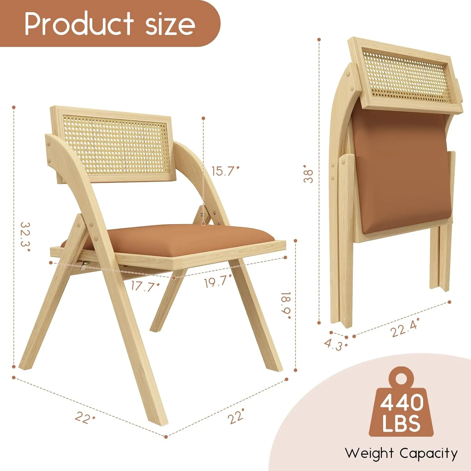 Folding Dining Chairs Set of 2, Wooden Foldable Dining Chairs, Modern Mid Century Leather Rattan Dining Room Chairs with Padded Cushion for Kitchen, Living Room, Small Space, Brown