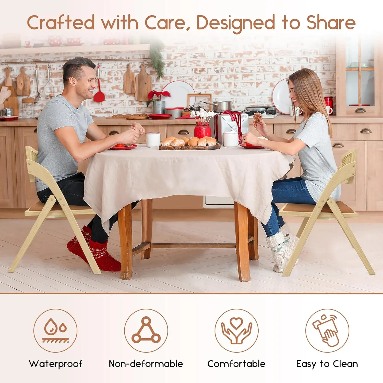 Folding Dining Chairs Set of 2, Wooden Foldable Dining Chairs, Modern Mid Century Leather Rattan Dining Room Chairs with Padded Cushion for Kitchen, Living Room, Small Space, Brown