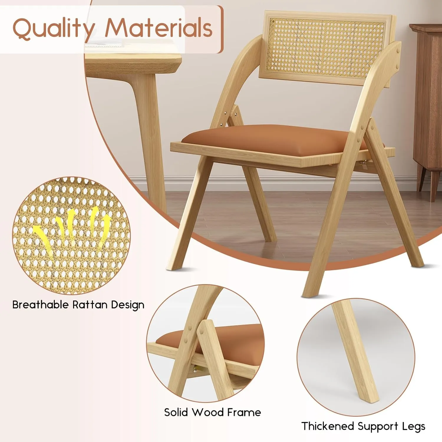 Folding Dining Chairs Set of 2, Wooden Foldable Dining Chairs, Modern Mid Century Leather Rattan Dining Room Chairs with Padded Cushion for Kitchen, Living Room, Small Space, Brown