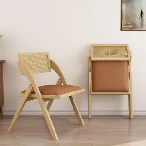 Folding Dining Chairs Set of 2, Wooden Foldable Dining Chairs, Modern Mid Century Leather Rattan Dining Room Chairs with Padded Cushion for Kitchen, Living Room, Small Space, Brown