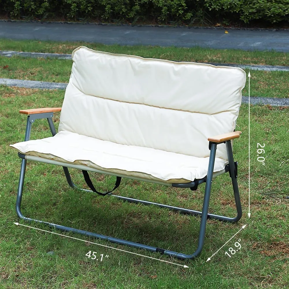 Folding Double Seat Camping Chair, Portable 2 Person Loveseat Camp Chair, Outdoor Foldable Seat Beach Chair for Indoor Patio Travel Picnic Sports, Supports up to 330 Lb, Khaki