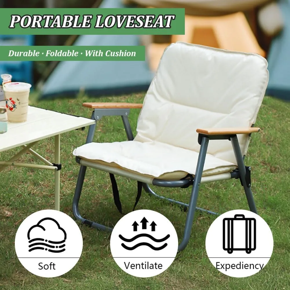 Folding Double Seat Camping Chair, Portable 2 Person Loveseat Camp Chair, Outdoor Foldable Seat Beach Chair for Indoor Patio Travel Picnic Sports, Supports up to 330 Lb, Khaki