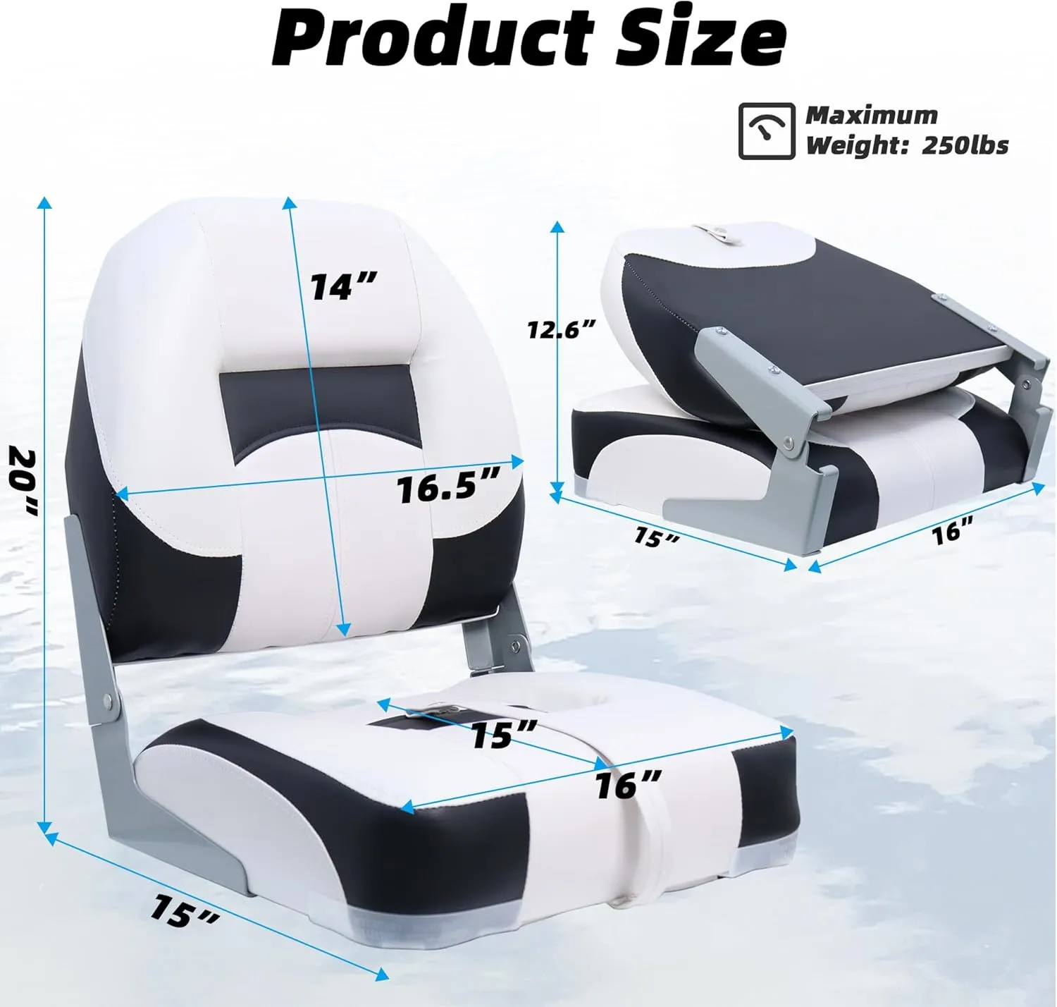 Folding Fishing Boat Seats Low Back 2 Pack, Waterproof Boat Captain Chairs, Stainless Steel Screws Included, White and Black